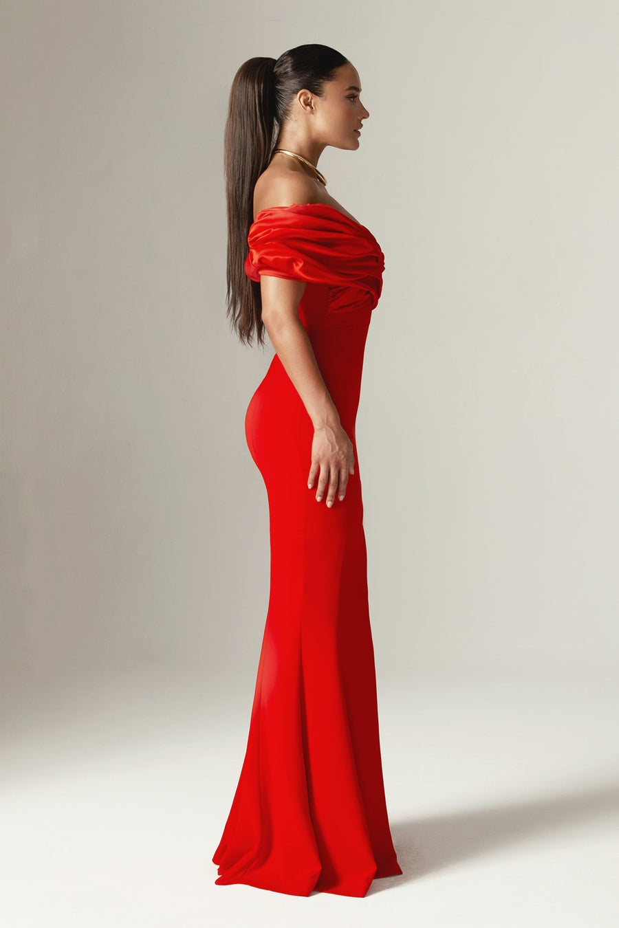 Sophia Off Shoulder Ruched Maxi Slit Dress