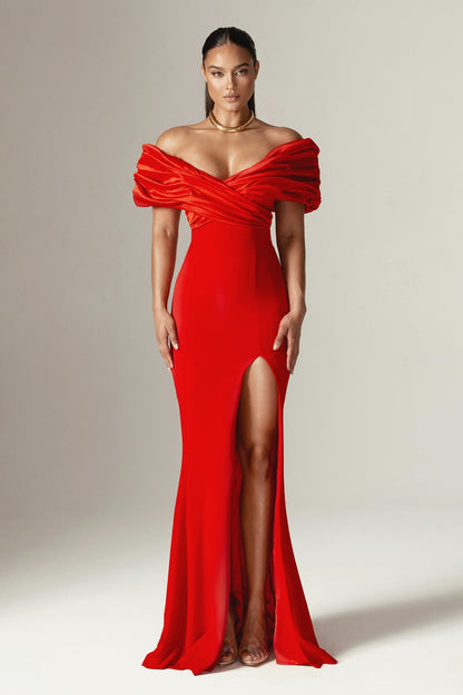 Sophia Off Shoulder Ruched Maxi Slit Dress