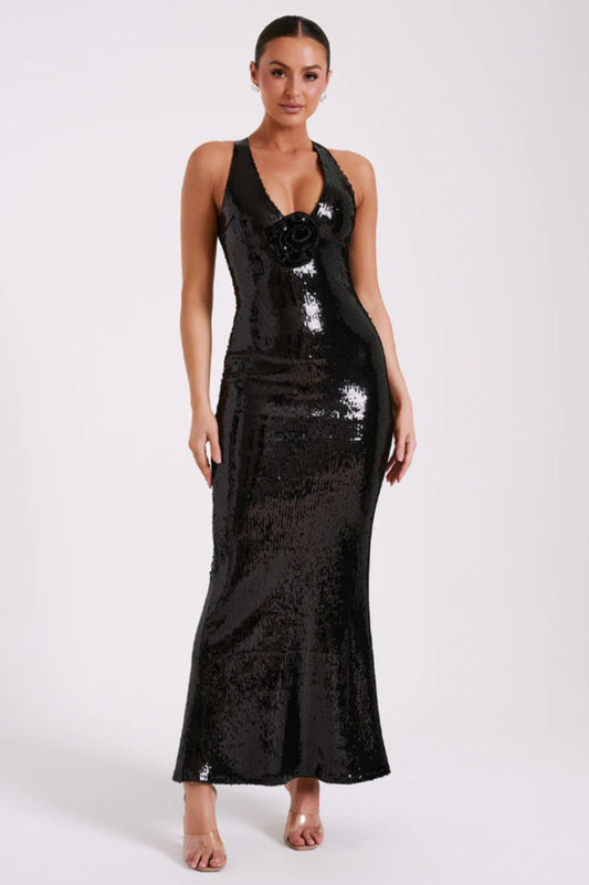 3D Flower Black Sequin Gown