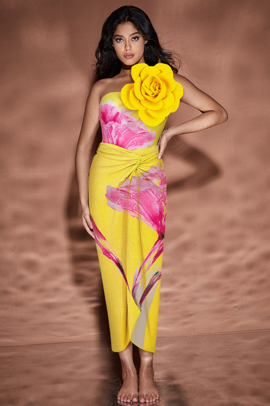 3D Flower One Shoulder Swimsuit & Skirt Set