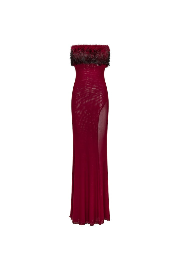 Elsie Faux Fur Trim Strapless Maxi Dress