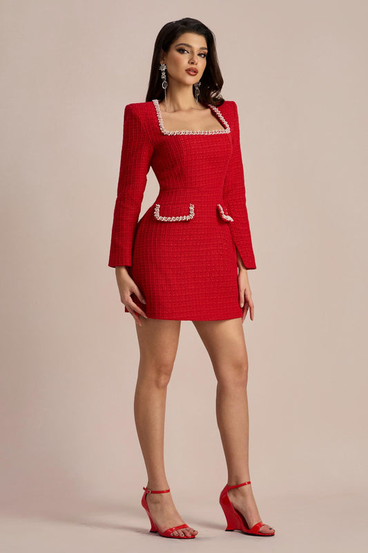 Camilla Square Neck Tweed Mini Dress