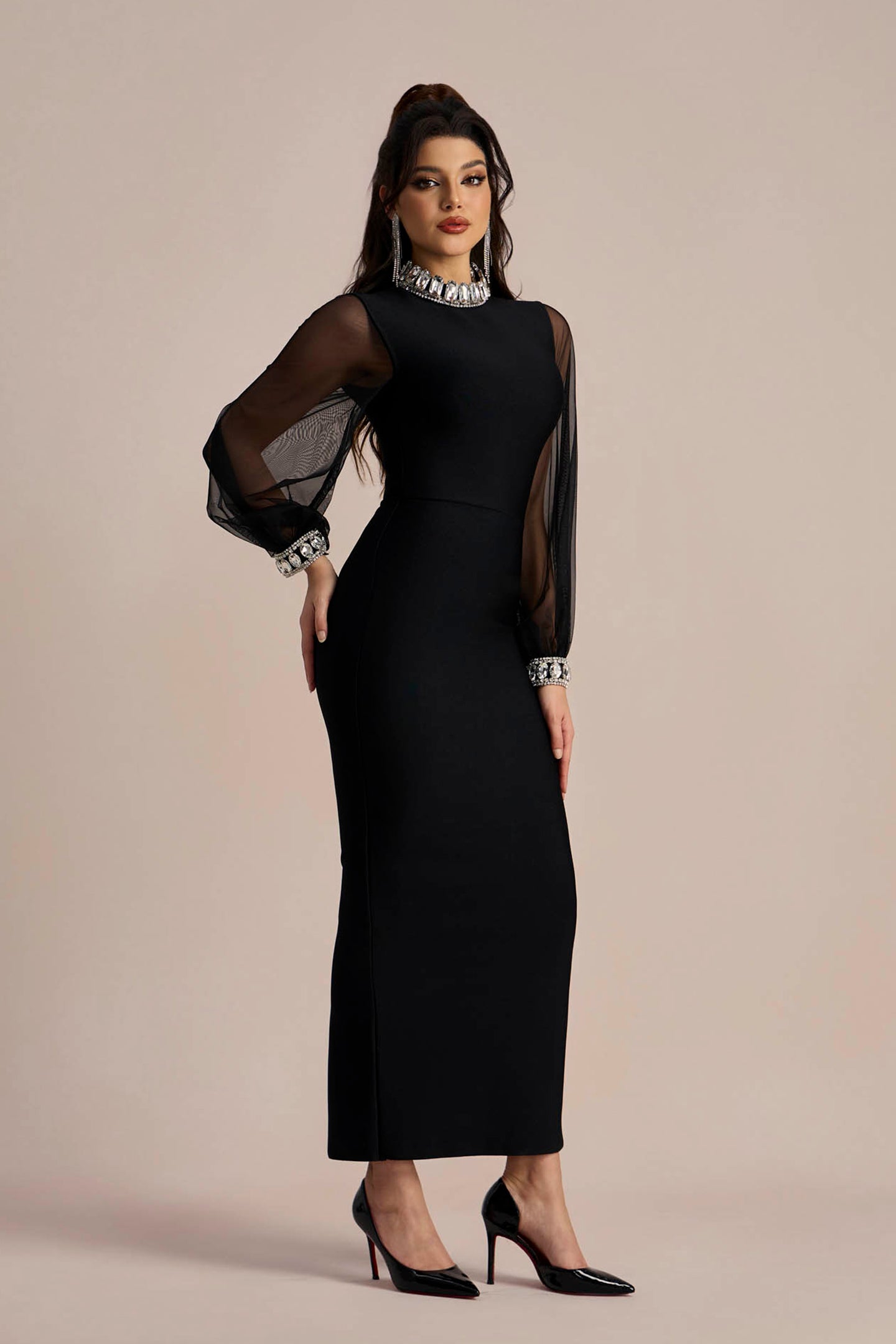 Kimberley Crystal-embellished Sheer Sleeves Maxi Dress