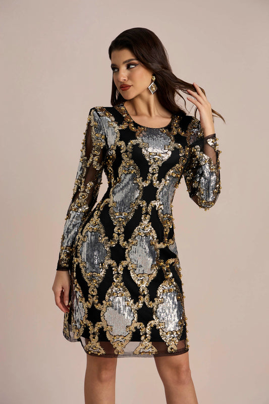 Vivien Sequins Embroidery Sheer Mini Dress