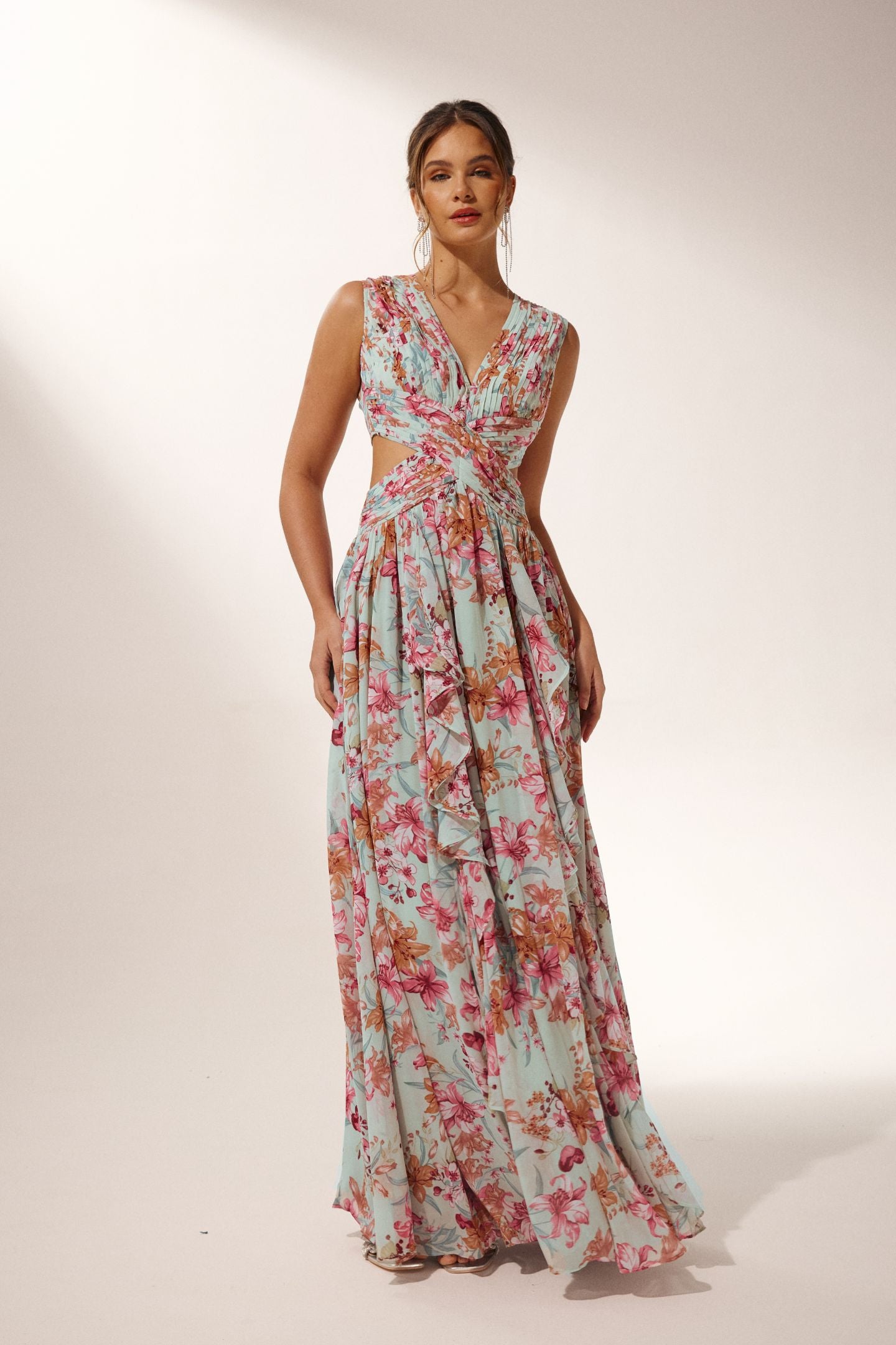 Anila Printed Pleated Ruffle Maxi Dress