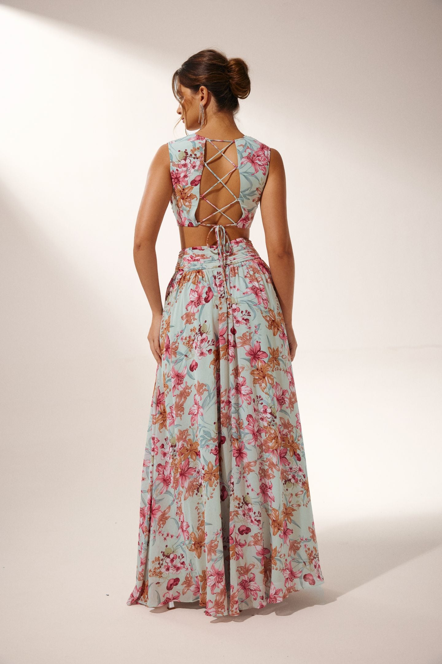 Anila Printed Pleated Ruffle Maxi Dress