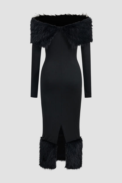 Anna Off Shoulder Faux Fur Trim Midi Dress