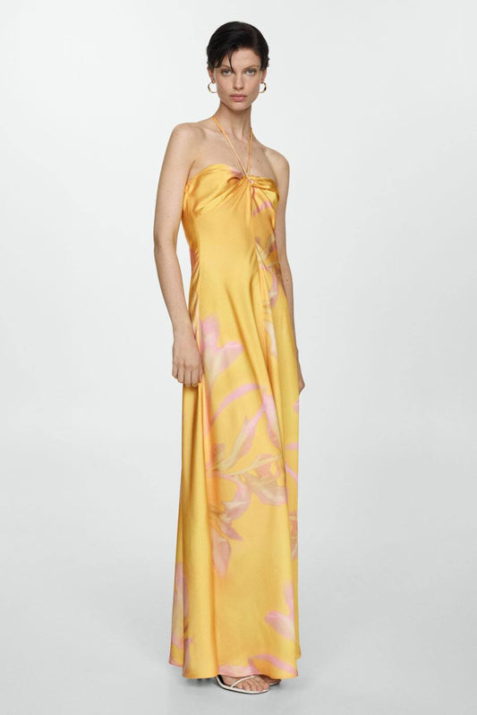 Sarah Floral Printed Halter Satin Maxi Dress