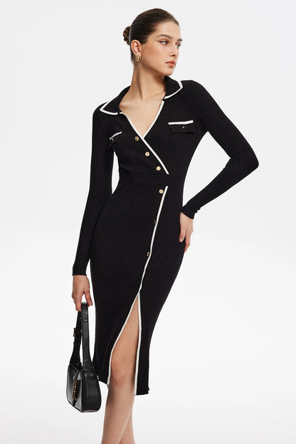 Sharon Asymmetrical V-neck Knit Midi Dress