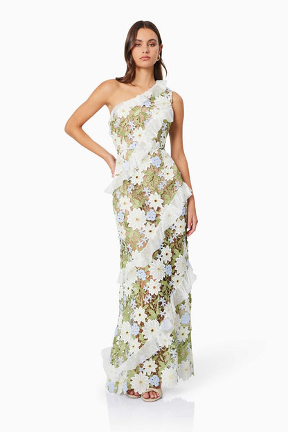 Melissa One Shoulder Embroidered Floral Maxi Dress