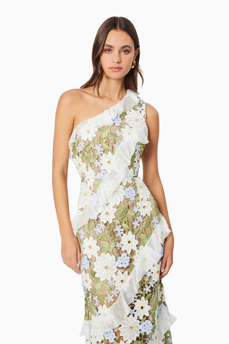 Melissa One Shoulder Embroidered Floral Maxi Dress