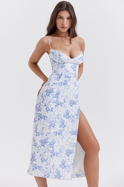 Charlotte Blue Print Corset Midi Dress