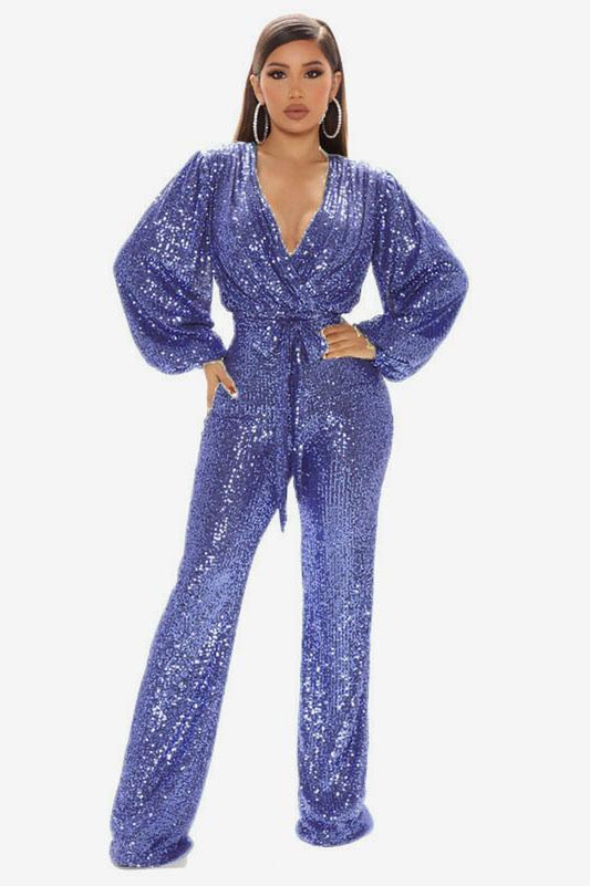 Megan Belted V-Neck Sequins Jumpsuit