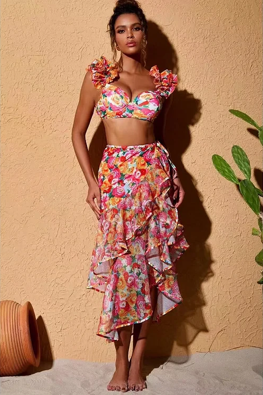 3D Floral Print Swimsuit & Skirt Set