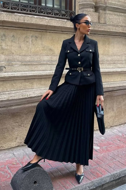 Florence Belted Blazer Pleated Skirt Set