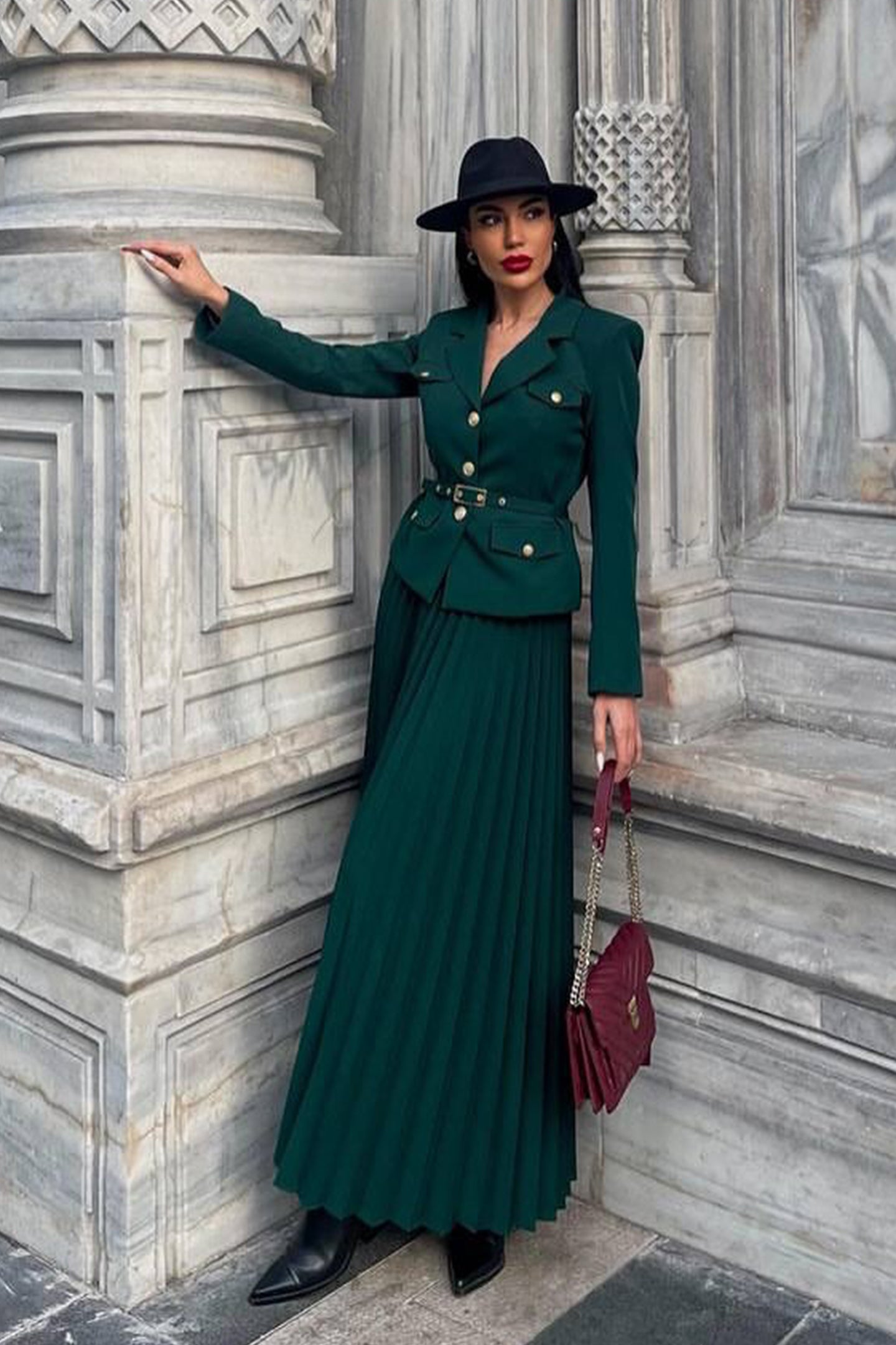 Florence Belted Blazer Pleated Skirt Set