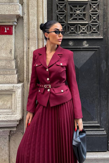 Florence Belted Blazer Pleated Skirt Set