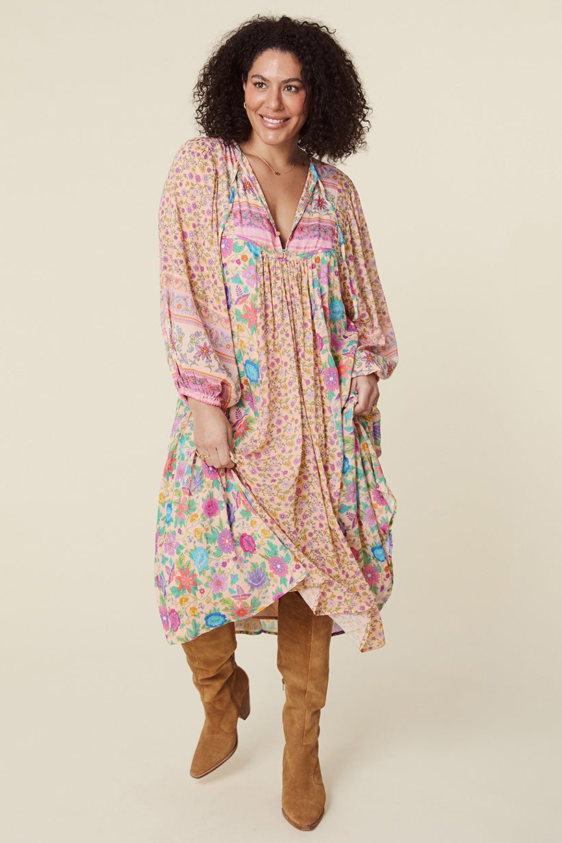 Aditi Splice Print Loose-fit Midi Peasant Dress