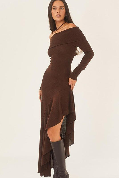 Alisa Off-shoulder Flare Midi Knit Dress