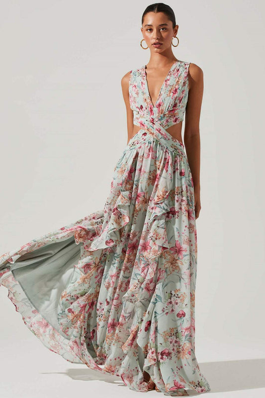 Anila Printed Pleated Ruffle Maxi Dress