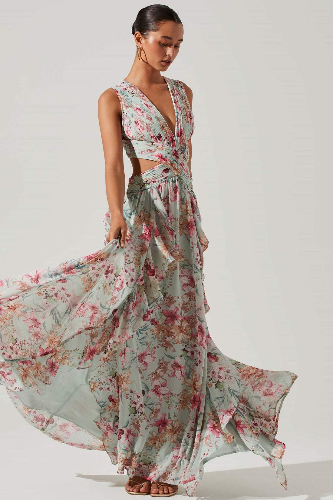 Anila Printed Pleated Ruffle Maxi Dress