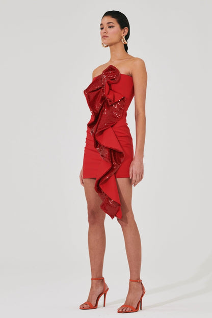 Frederica Sequin Ruffle Strapless Mini Dress