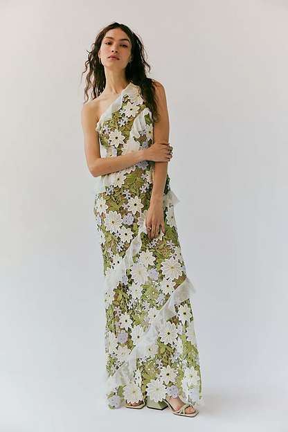 Melissa One Shoulder Embroidered Floral Maxi Dress