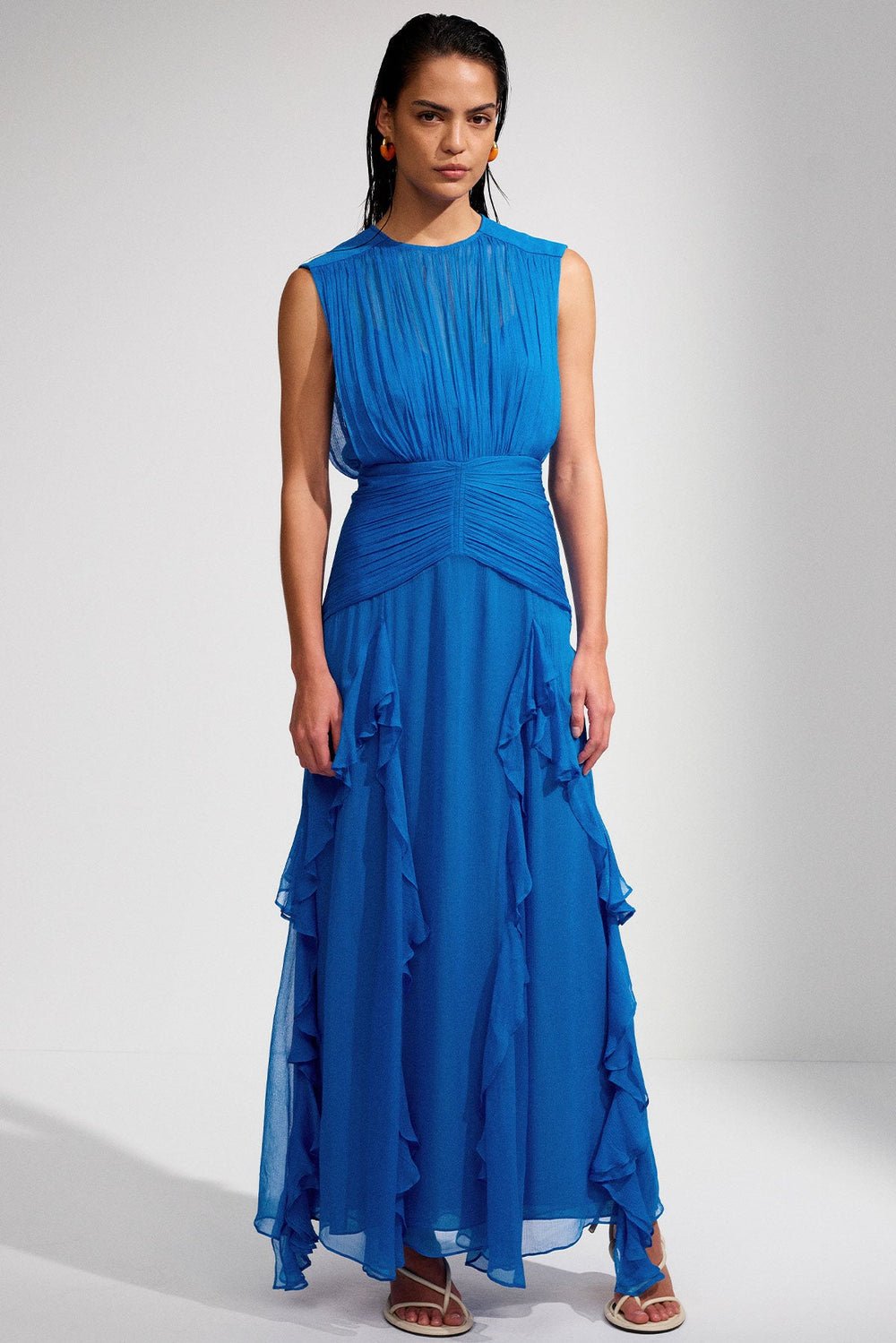 Eileen Pleated Round Neck Ruffle Maxi Dress