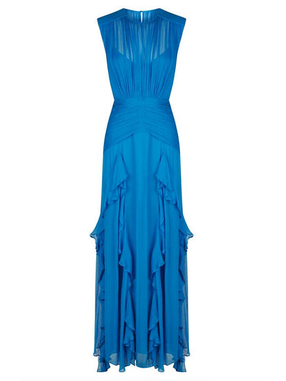 Eileen Pleated Round Neck Ruffle Maxi Dress