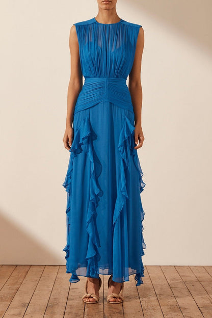 Eileen Pleated Round Neck Ruffle Maxi Dress