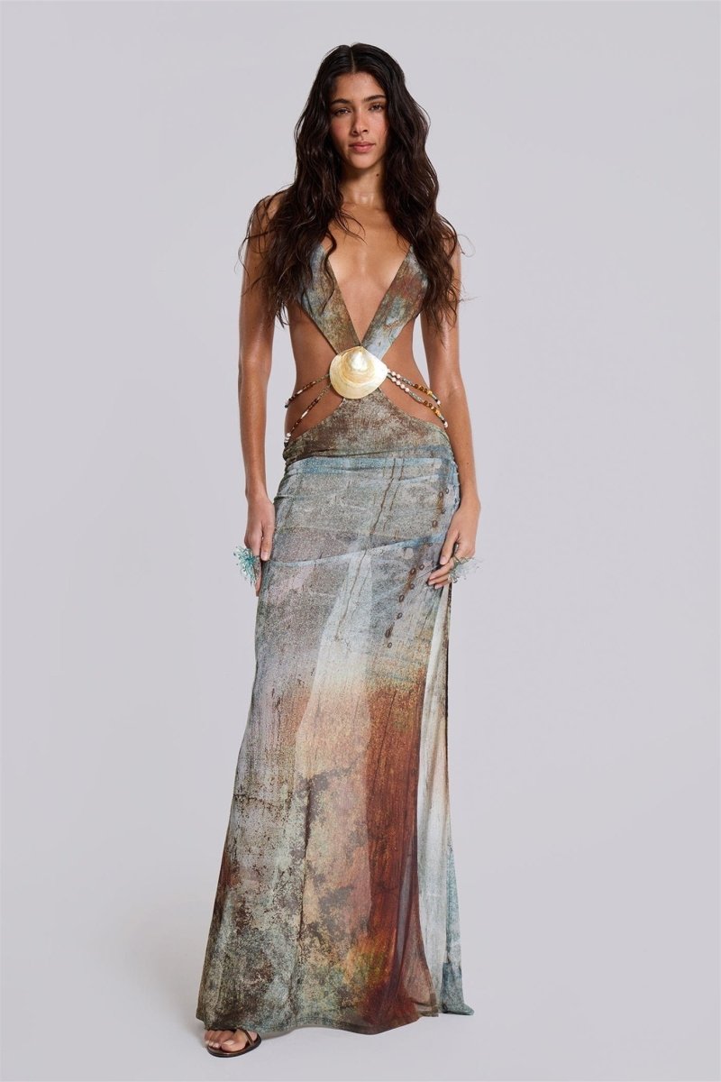 Eve Halterneck Shell Trim Maxi Mesh Dress