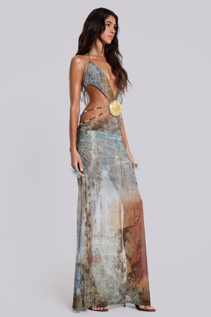 Eve Halterneck Shell Trim Maxi Mesh Dress