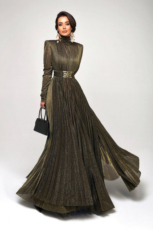 Elsie Metallic Pleated Belted Maxi Dress