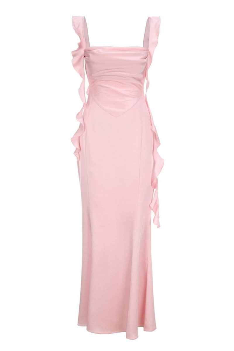 Hilda Ruffle Ribbon Backless Maxi Dress