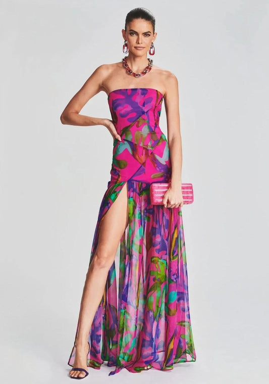 Pam Printed Strapless Slit Maxi Dress