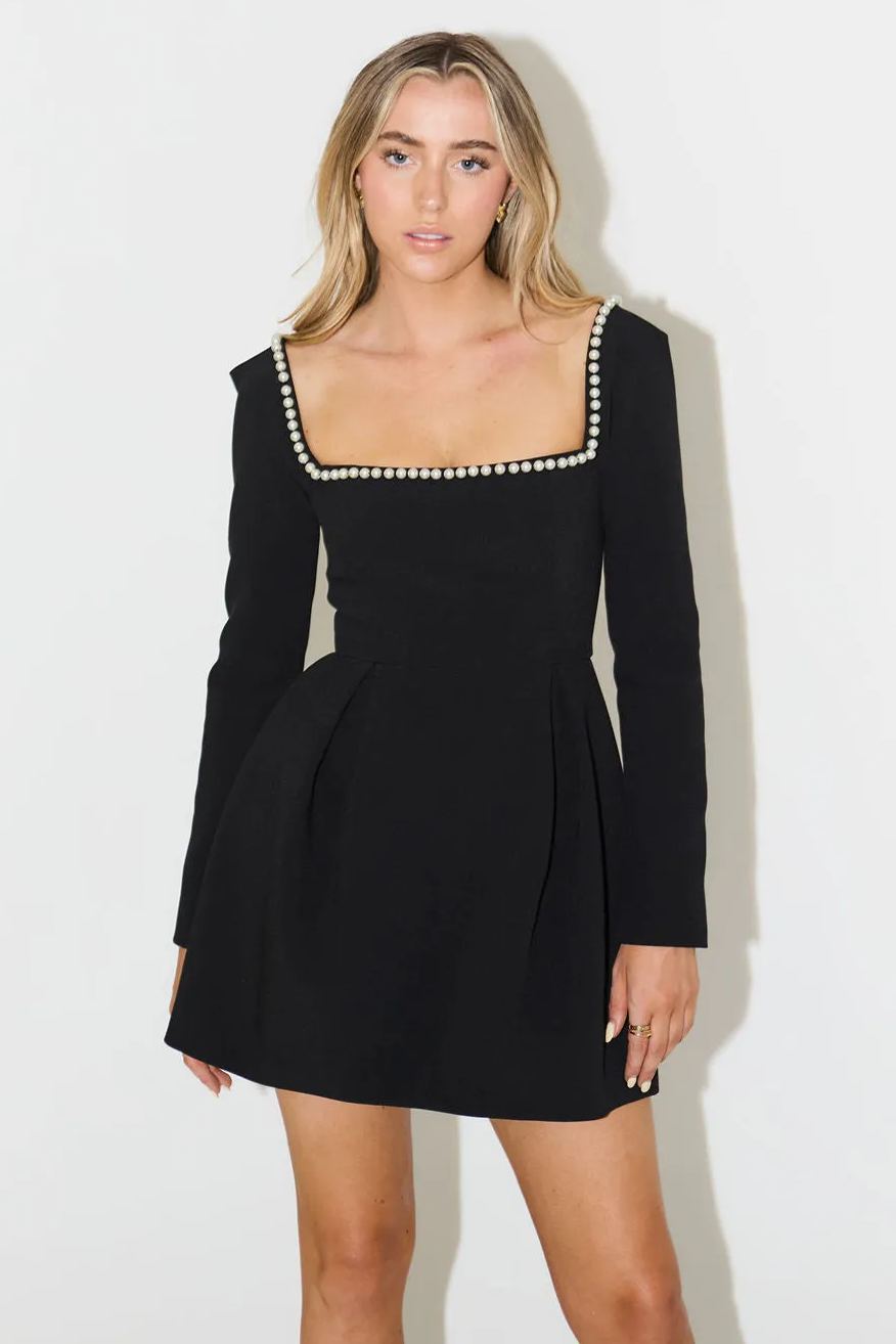 Angela Square Neck Pearl Mini Dress