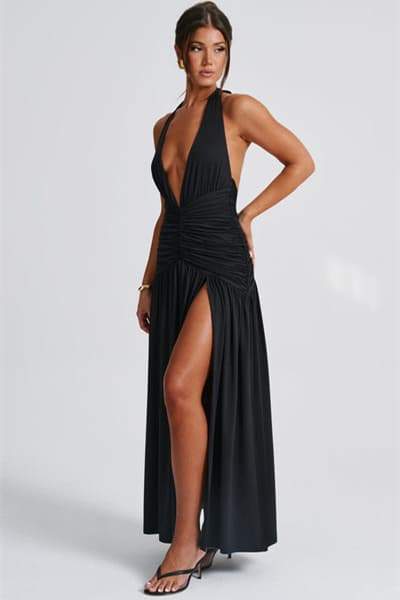 Norma Halter Deep V-neck Maxi Dress