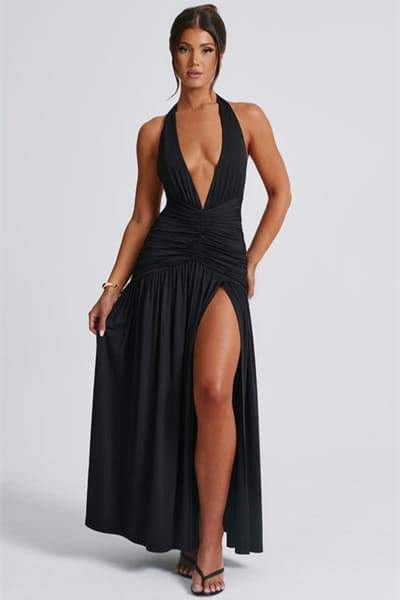 Norma Halter Deep V-neck Maxi Dress