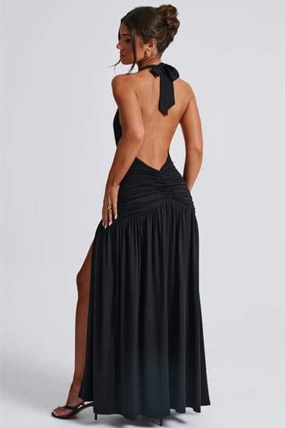 Norma Halter Deep V-neck Maxi Dress