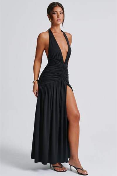 Norma Halter Deep V-neck Maxi Dress