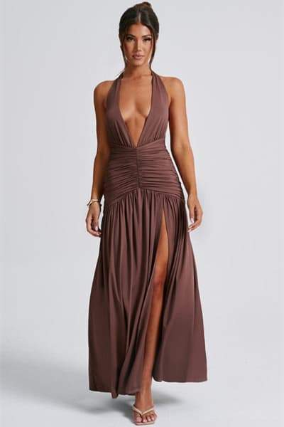 Norma Halter Deep V-neck Maxi Dress