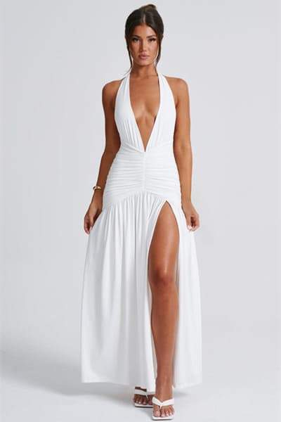 Norma Halter Deep V-neck Maxi Dress