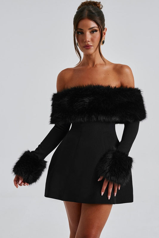 Regina Fur Collar Off Shoulder Mini Dress