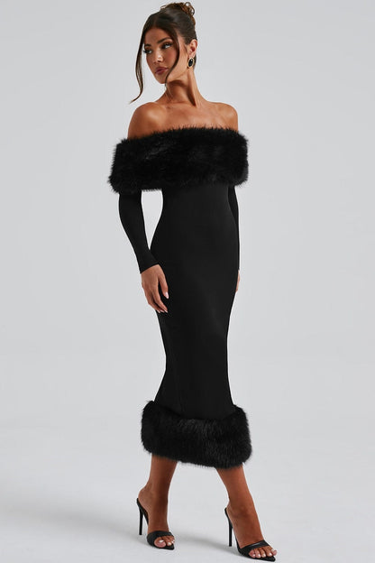 Anna Off Shoulder Faux Fur Trim Midi Dress