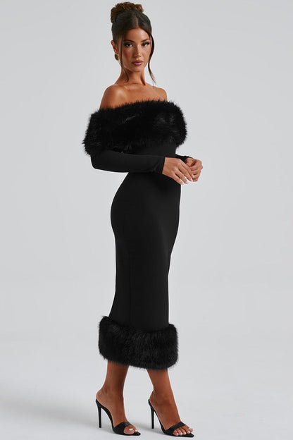 Anna Off Shoulder Faux Fur Trim Midi Dress