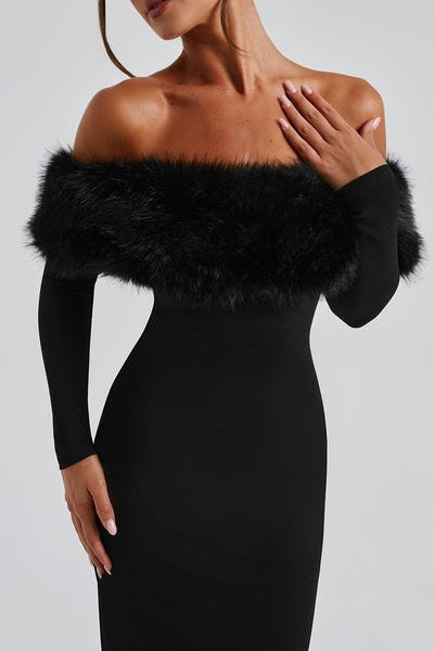 Anna Off Shoulder Faux Fur Trim Midi Dress