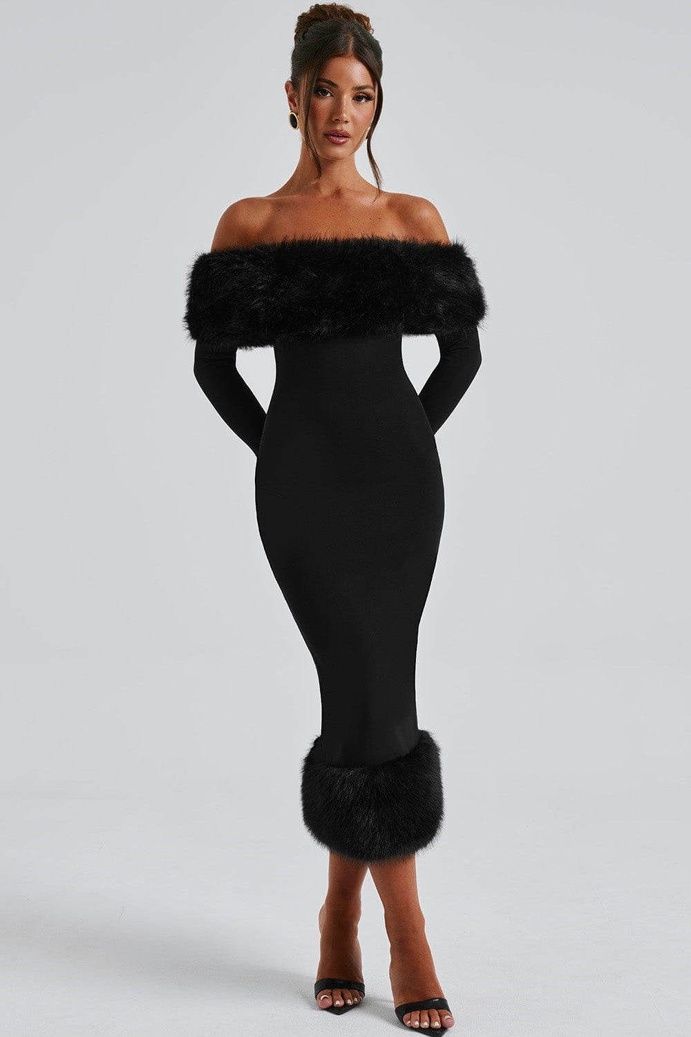 Anna Off Shoulder Faux Fur Trim Midi Dress