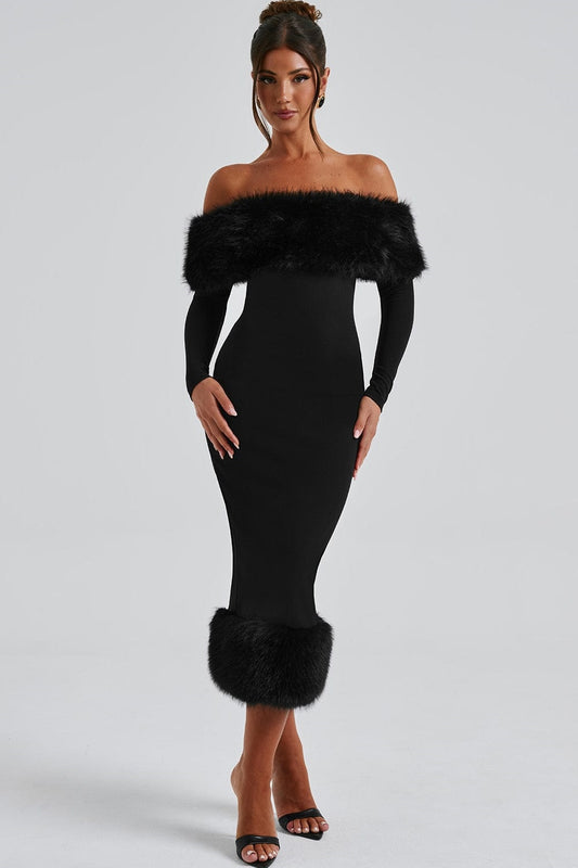 Anna Off Shoulder Faux Fur Trim Midi Dress