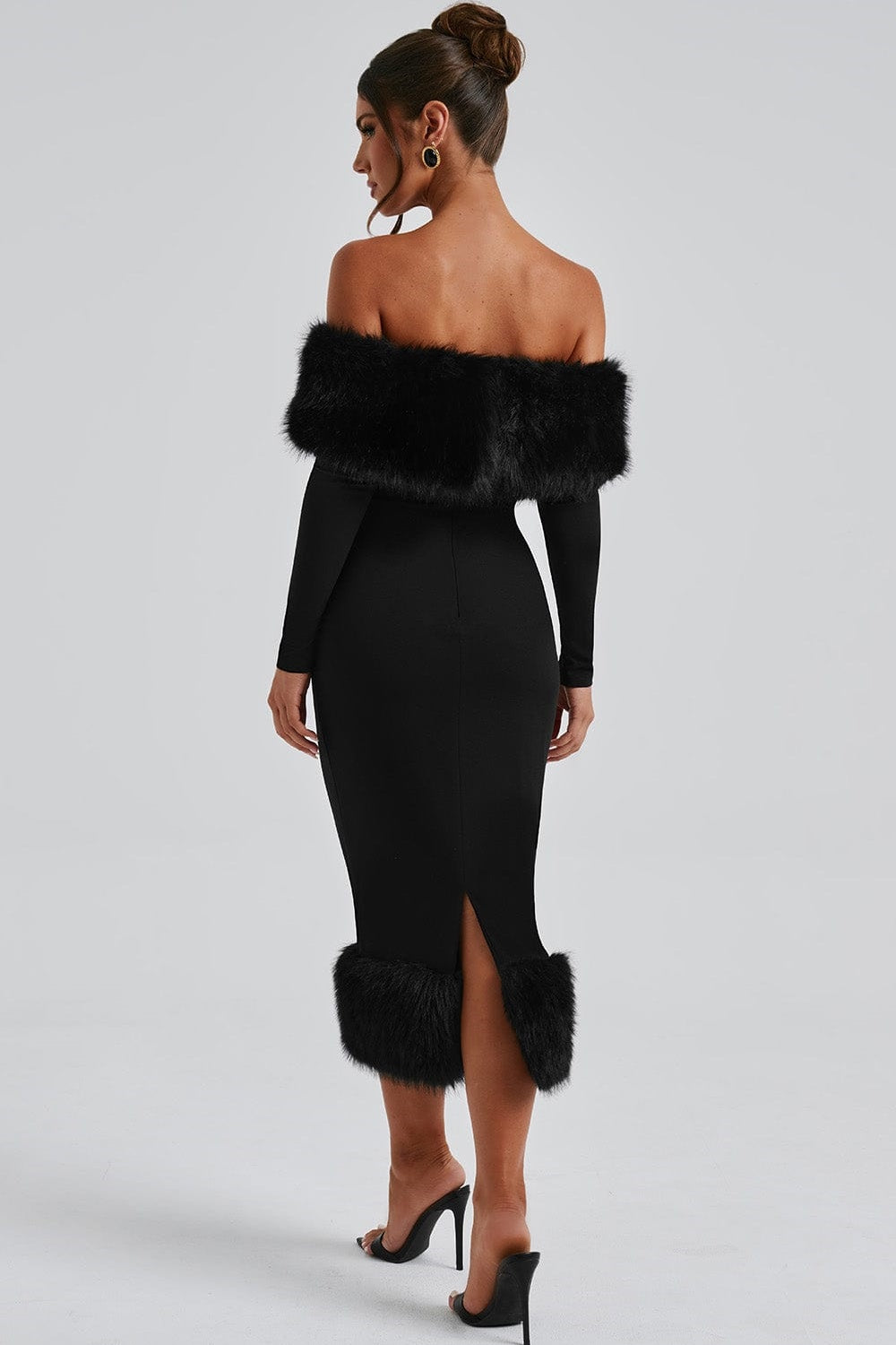 Anna Off Shoulder Faux Fur Trim Midi Dress